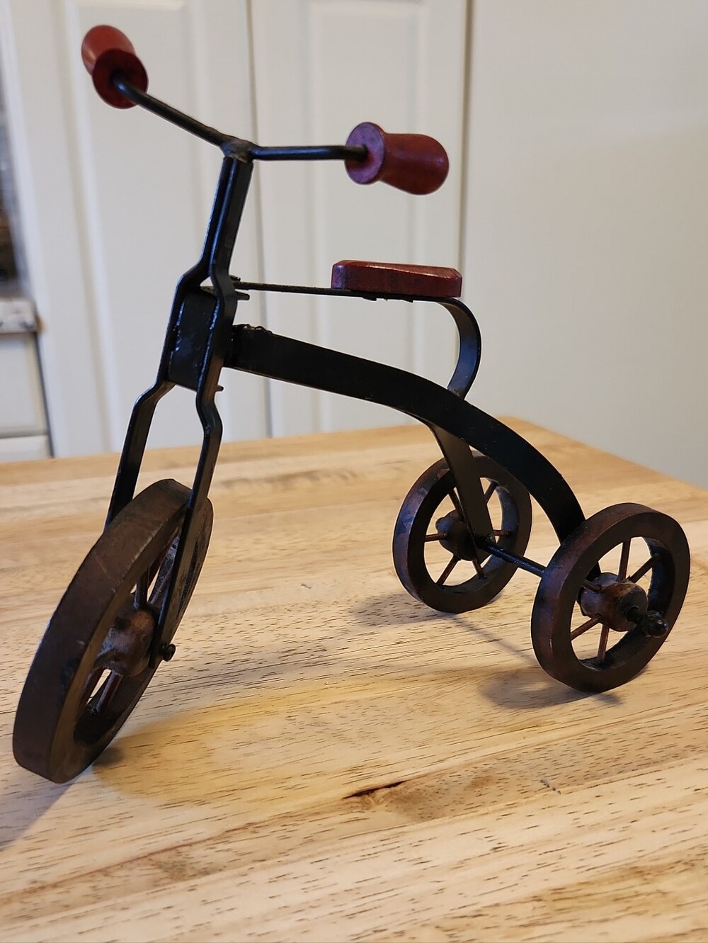 Vintage-Style Tricycle. Decorative Metal With Red Wooden Seat And Handles